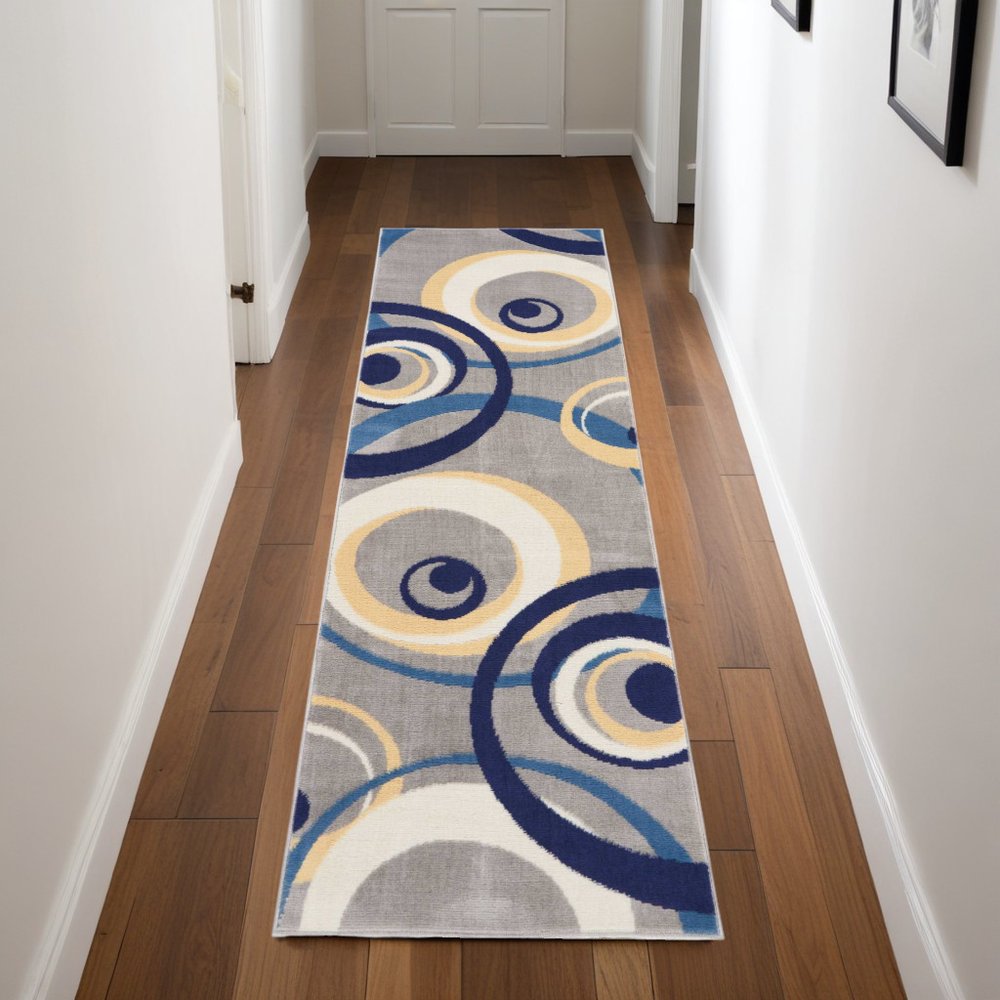 8' Gray And Blue Geometric Runner Rug