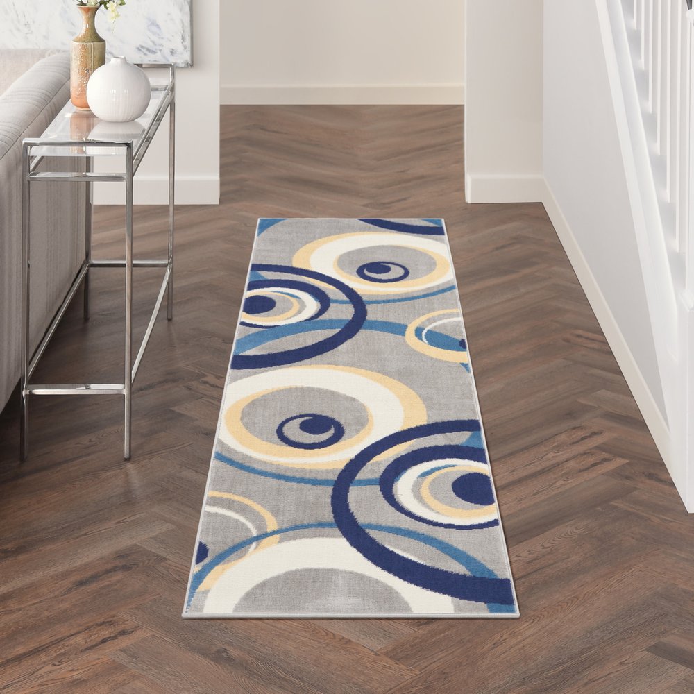 8' Gray And Blue Geometric Runner Rug