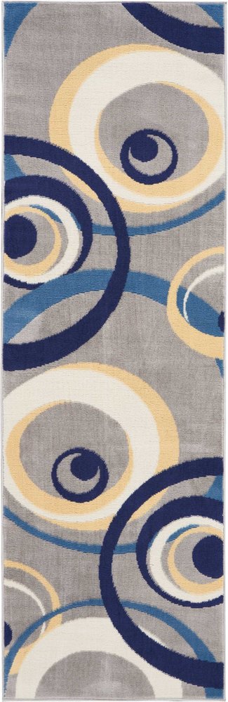 8' Gray And Blue Geometric Runner Rug