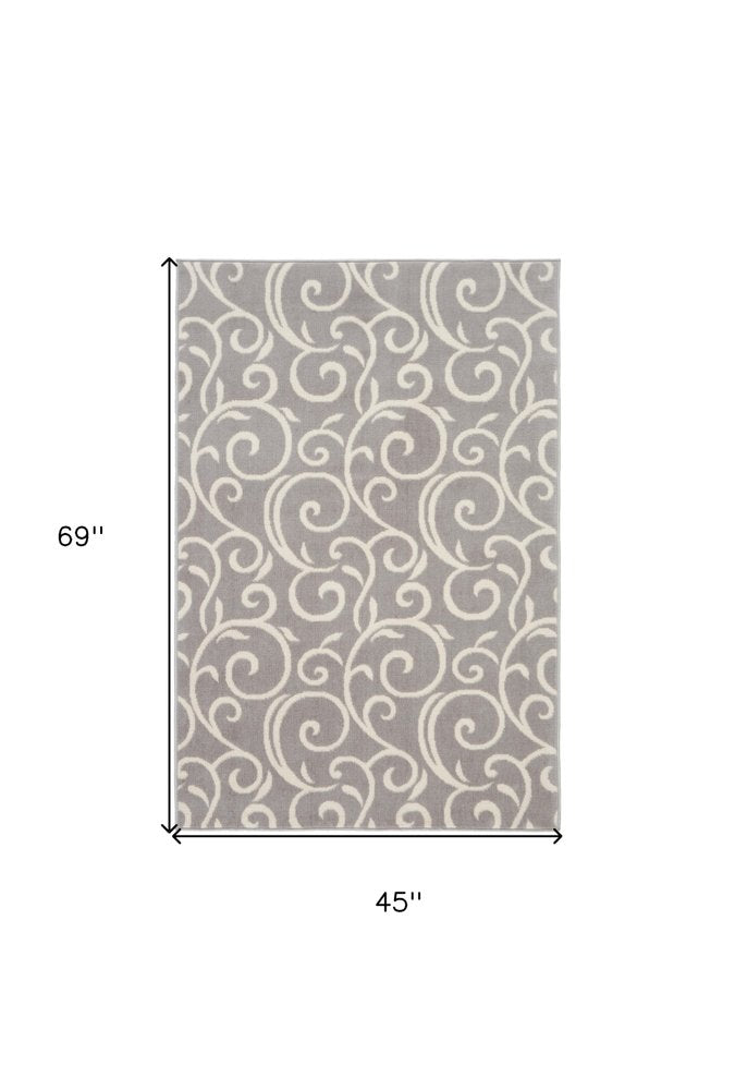 4' X 6' Gray and Ivory Floral Vines Power Loom Area Rug