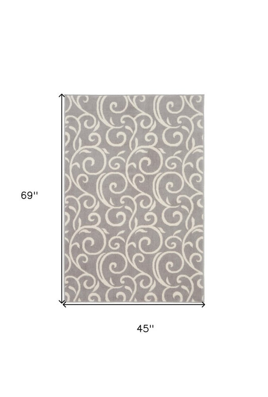4' X 6' Gray and Ivory Floral Vines Power Loom Area Rug