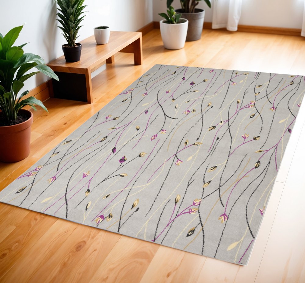 4' X 6' Gray and Pink Floral Power Loom Area Rug