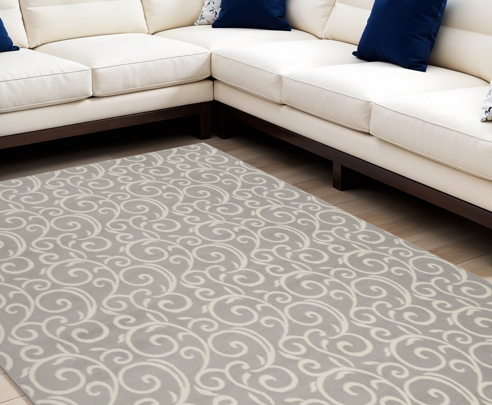 7' X 10' Gray and Ivory Floral Vines Power Loom Area Rug