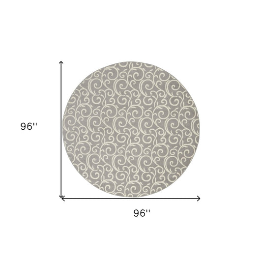 8' Gray and Ivory Round Floral Vines Power Loom Area Rug