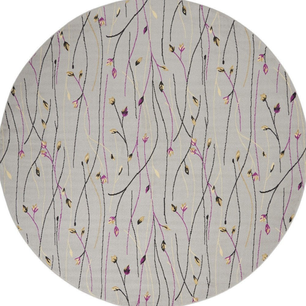 8' Gray and Pink Round Floral Power Loom Area Rug