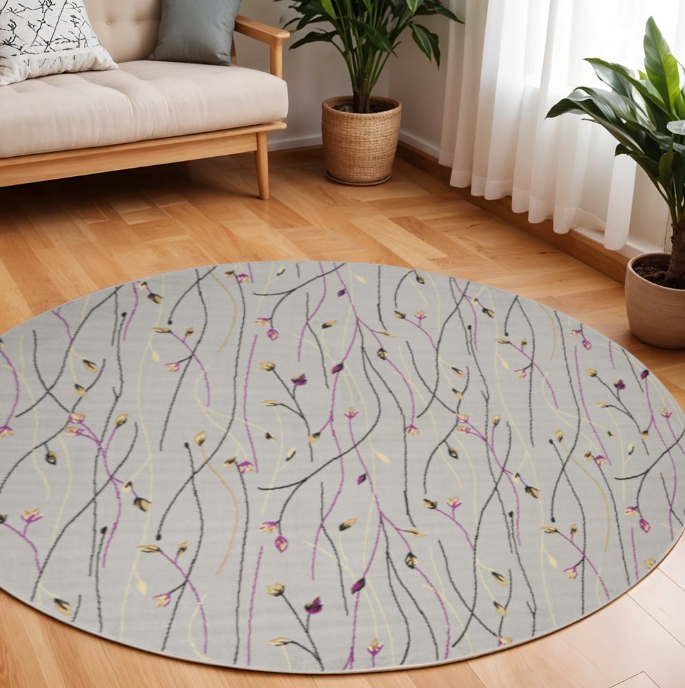 8' Gray and Pink Round Floral Power Loom Area Rug