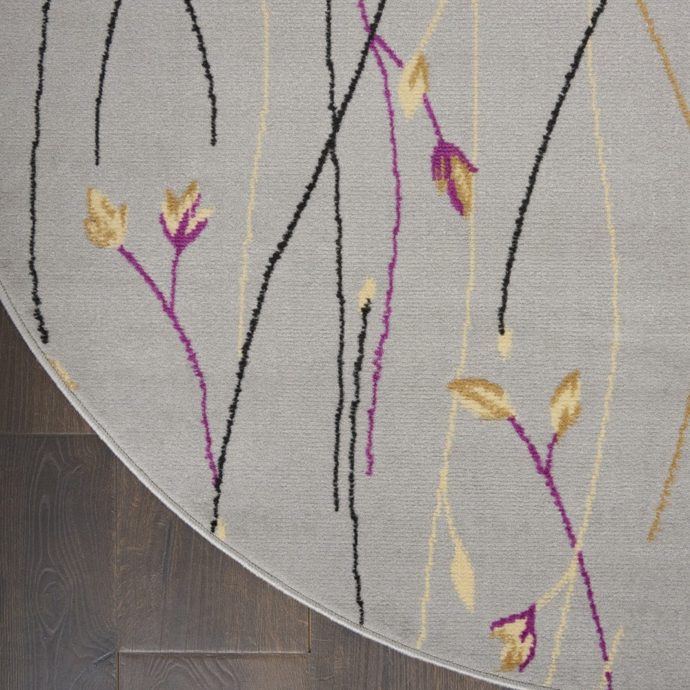 8' Gray and Pink Round Floral Power Loom Area Rug