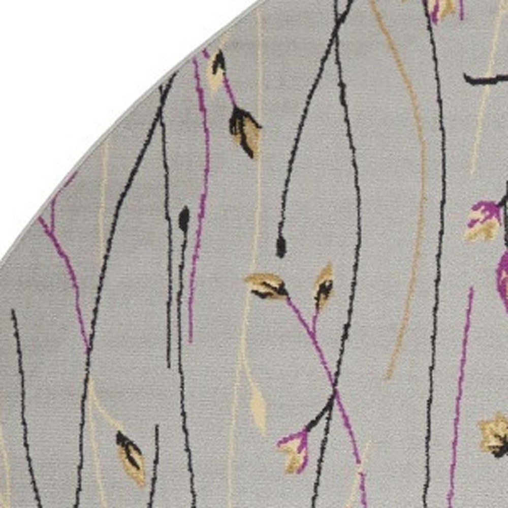 8' Gray and Pink Round Floral Power Loom Area Rug