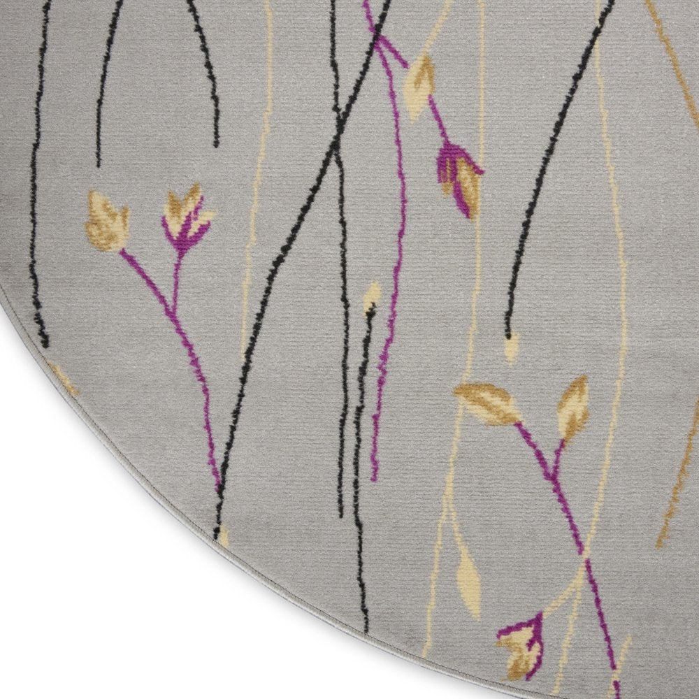 8' Gray and Pink Round Floral Power Loom Area Rug