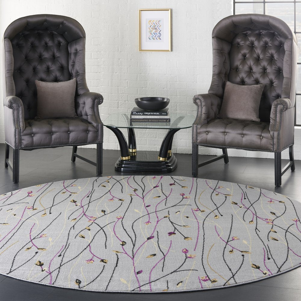 8' Gray and Pink Round Floral Power Loom Area Rug