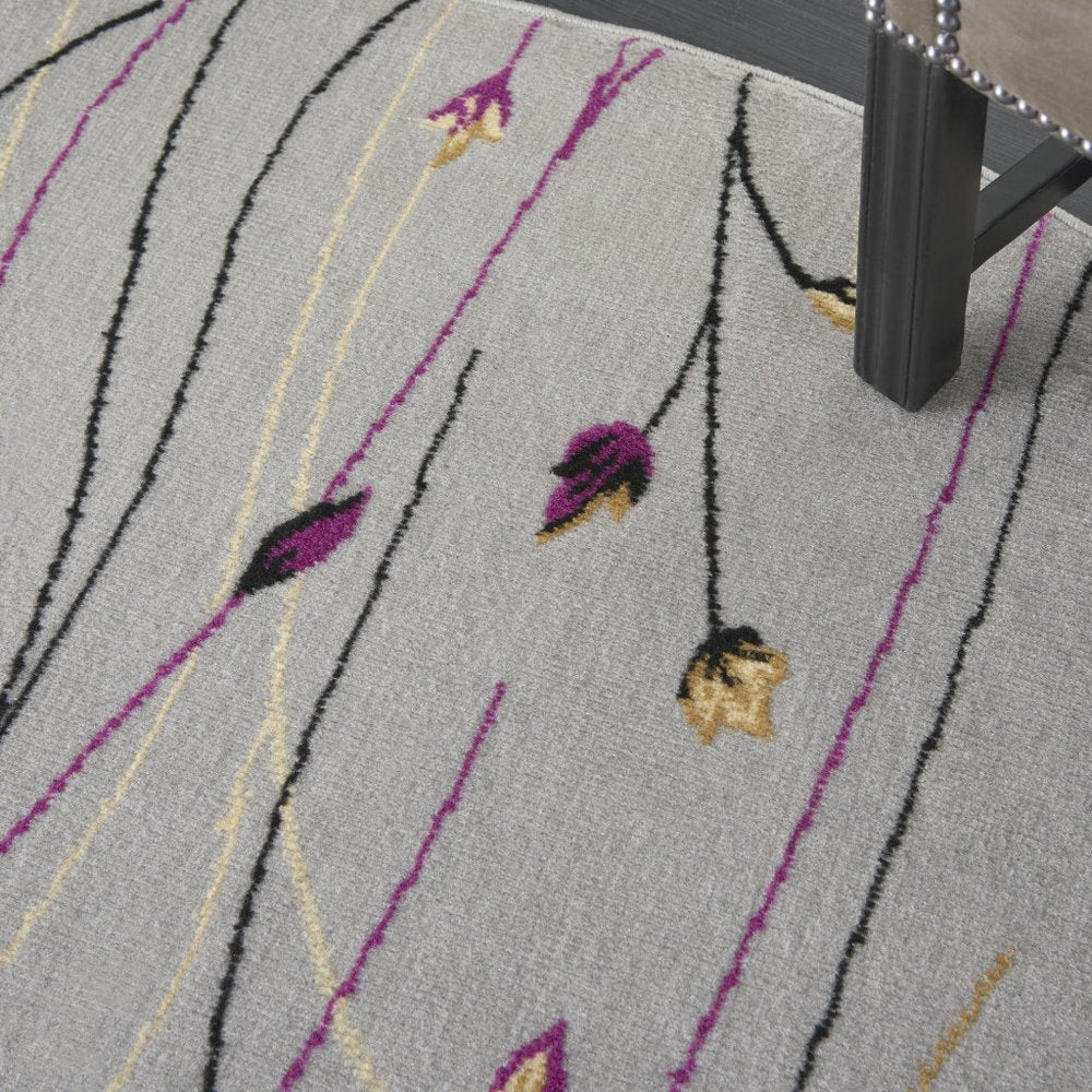 8' Gray and Pink Round Floral Power Loom Area Rug