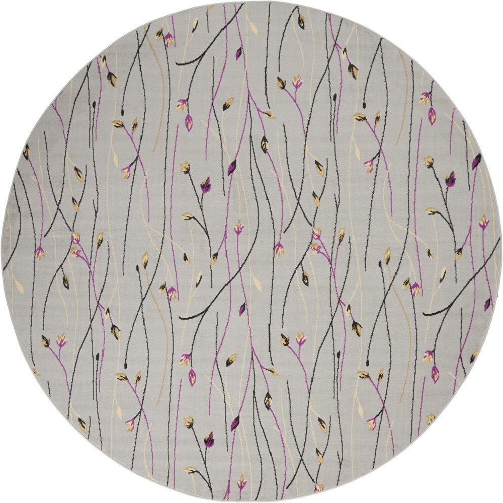 8' Gray and Pink Round Floral Power Loom Area Rug