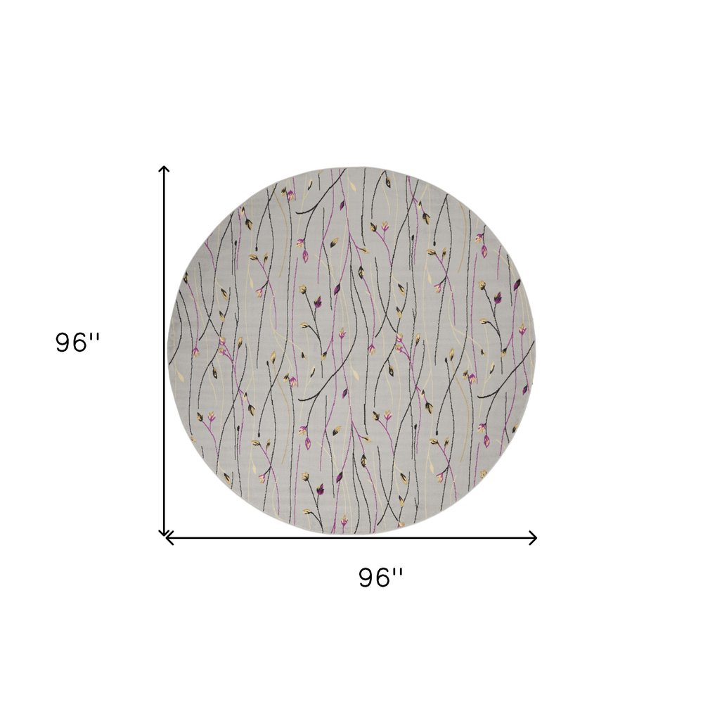 8' Gray and Pink Round Floral Power Loom Area Rug