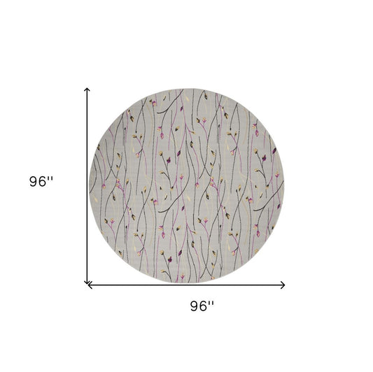 8' Gray and Pink Round Floral Power Loom Area Rug