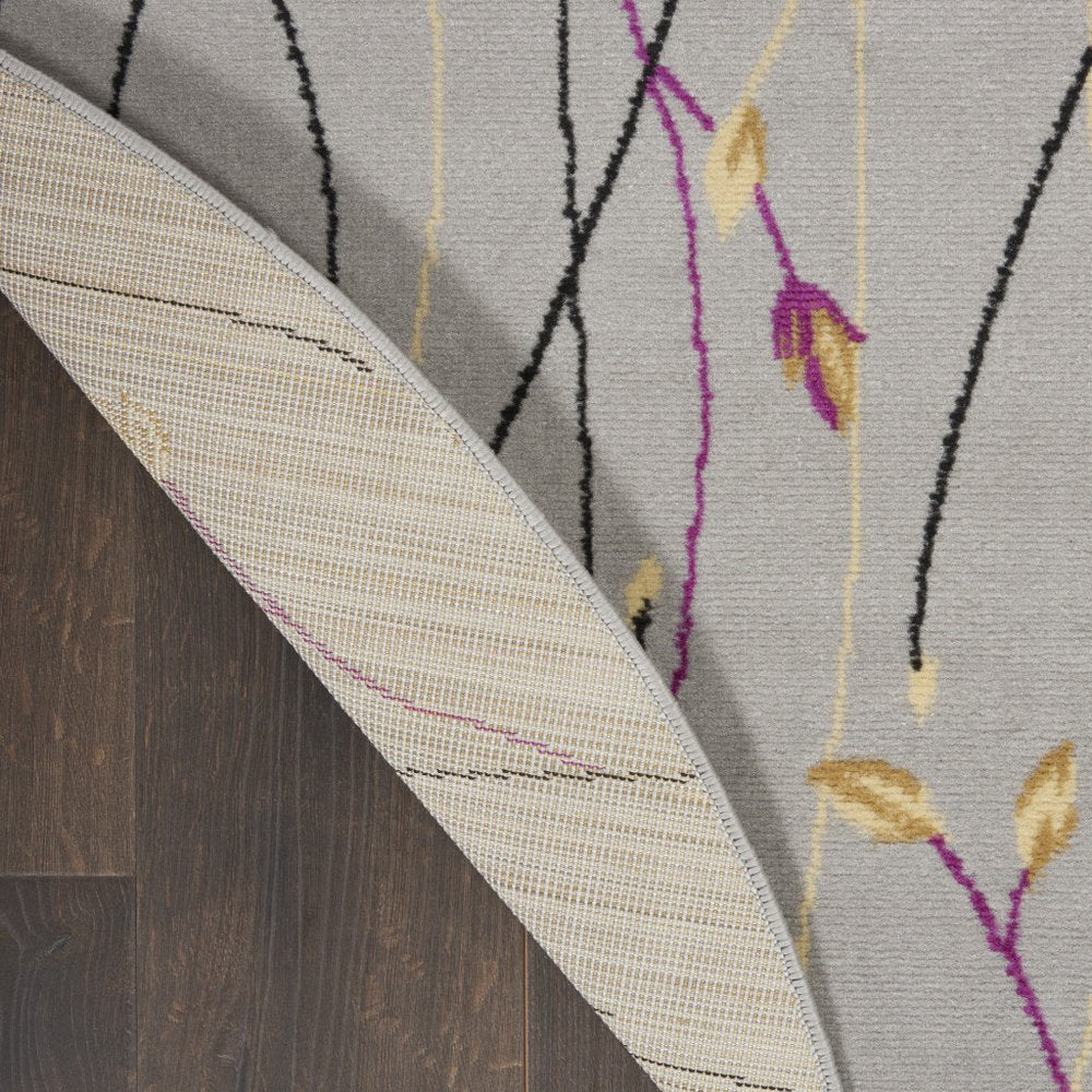 8' Gray and Pink Round Floral Power Loom Area Rug