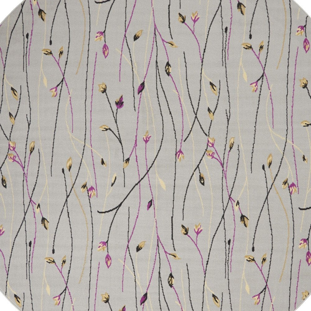 8' Gray and Pink Round Floral Power Loom Area Rug