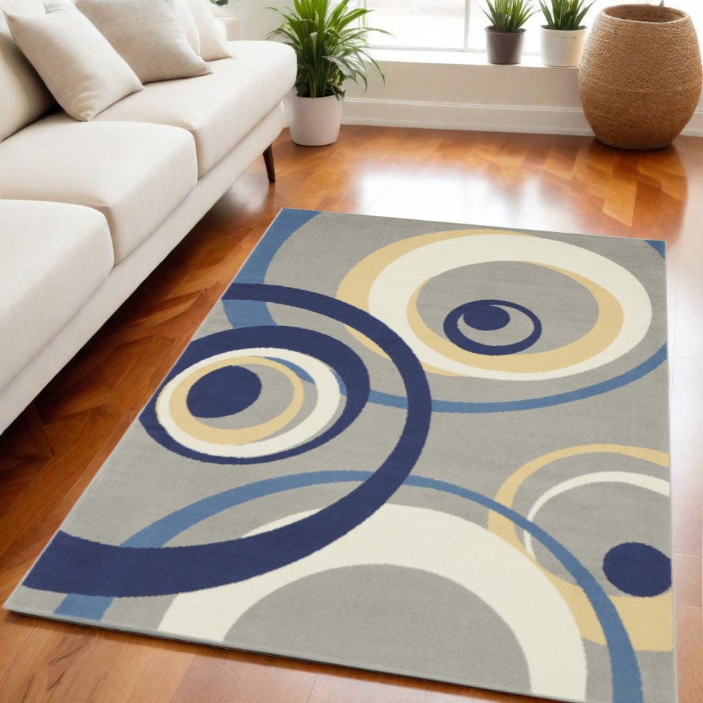 5' X 7' Gray and Blue Geometric Power Loom Area Rug