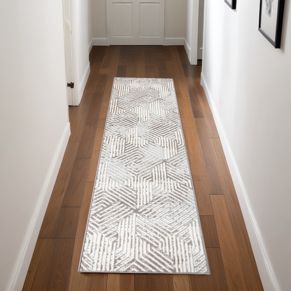 8' Gray And Ivory Geometric Runner Rug