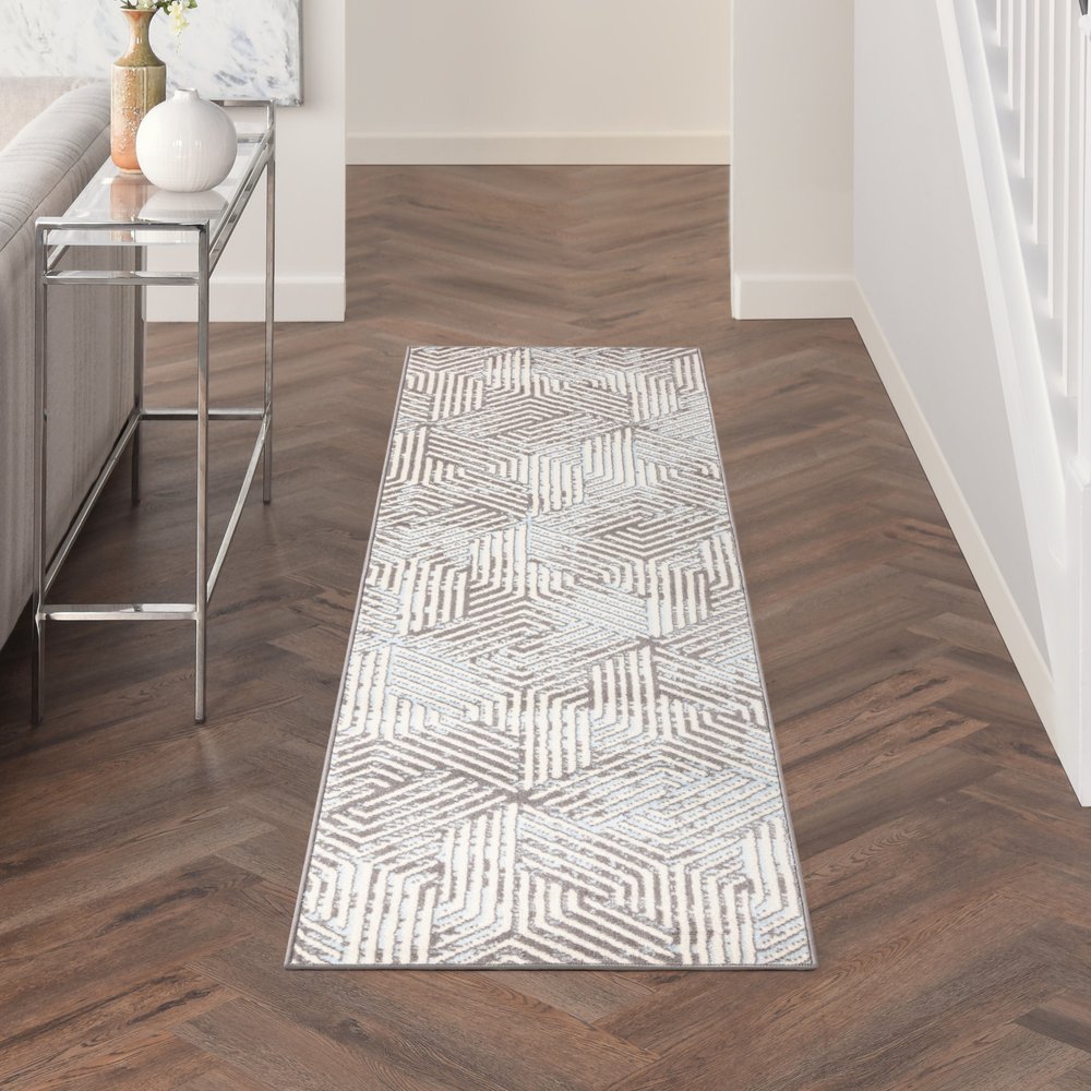 8' Gray And Ivory Geometric Runner Rug