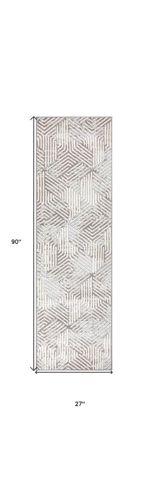 8' Gray And Ivory Geometric Runner Rug