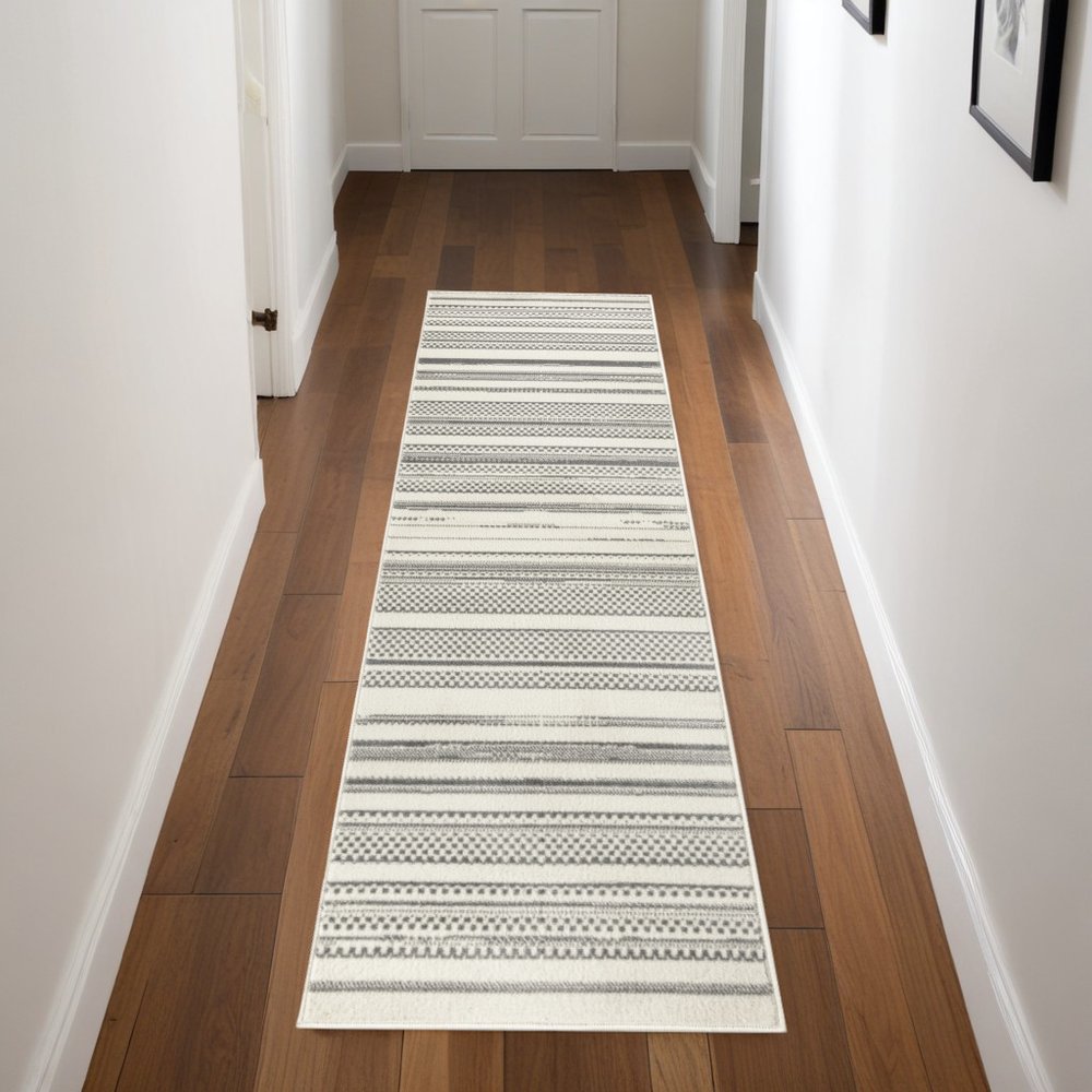 8' Gray And Ivory Striped Distressed Runner Rug