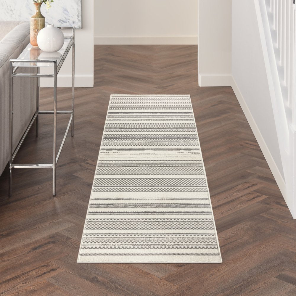 8' Gray And Ivory Striped Distressed Runner Rug
