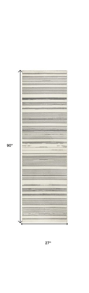 8' Gray And Ivory Striped Distressed Runner Rug