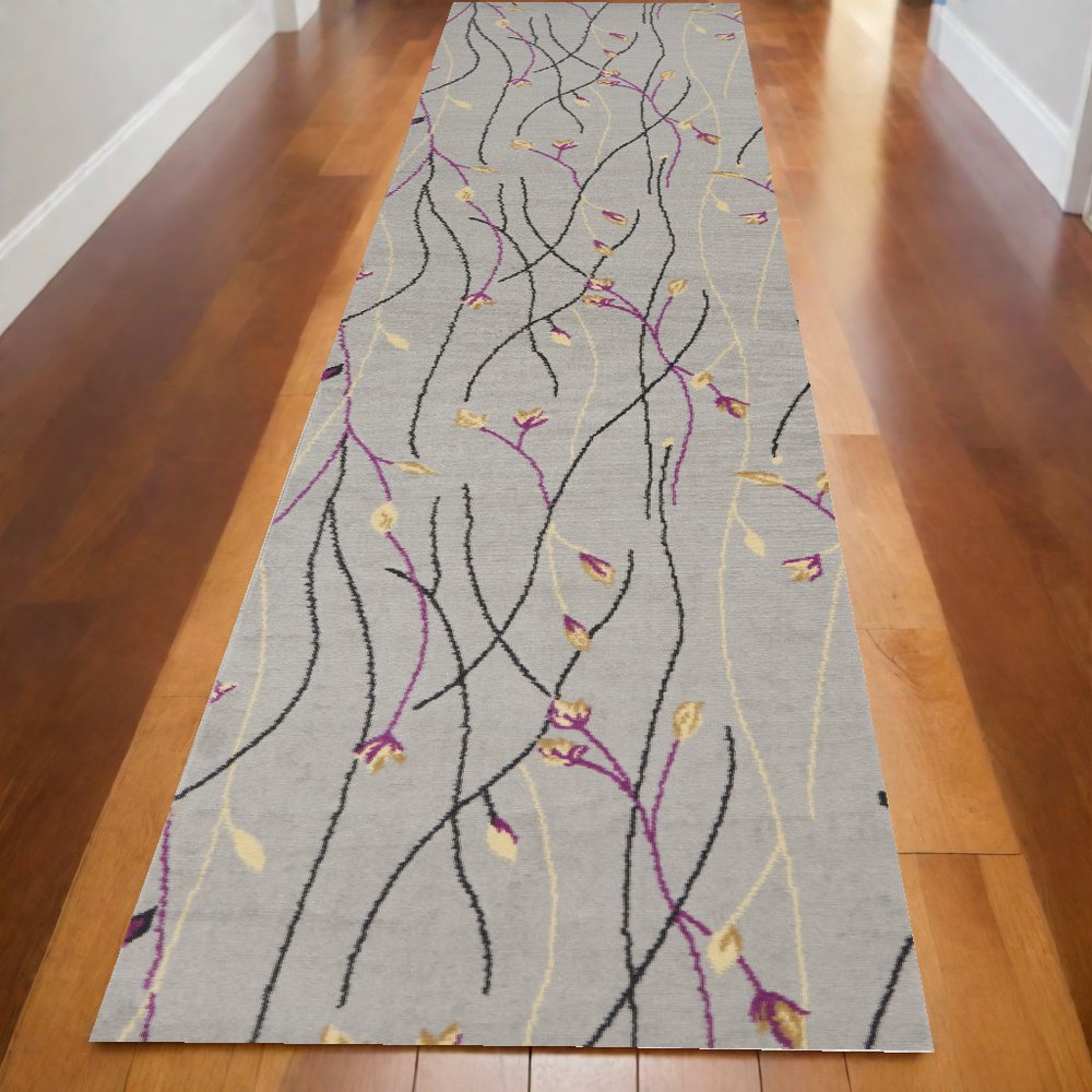 12' Gray Floral Vines Runner Rug