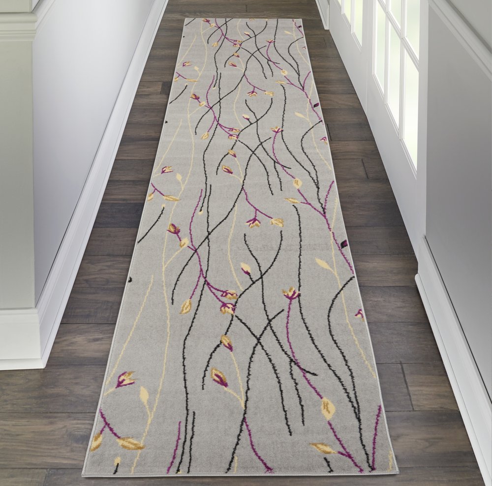 12' Gray Floral Vines Runner Rug