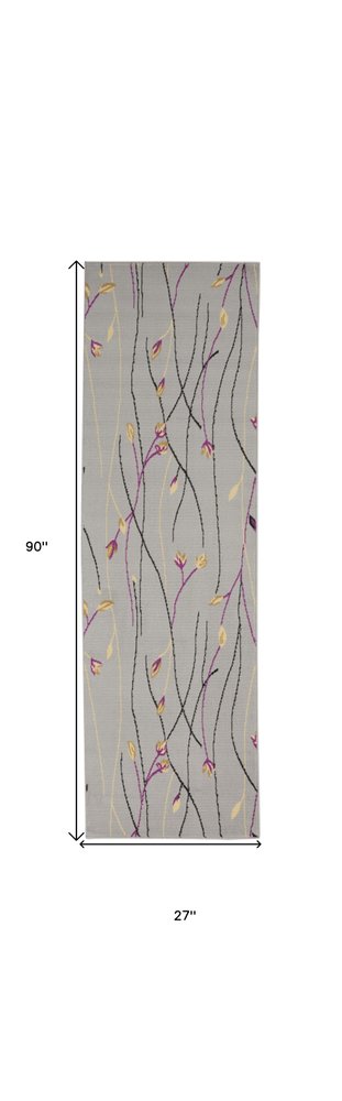 8' Gray And Pink Floral Runner Rug