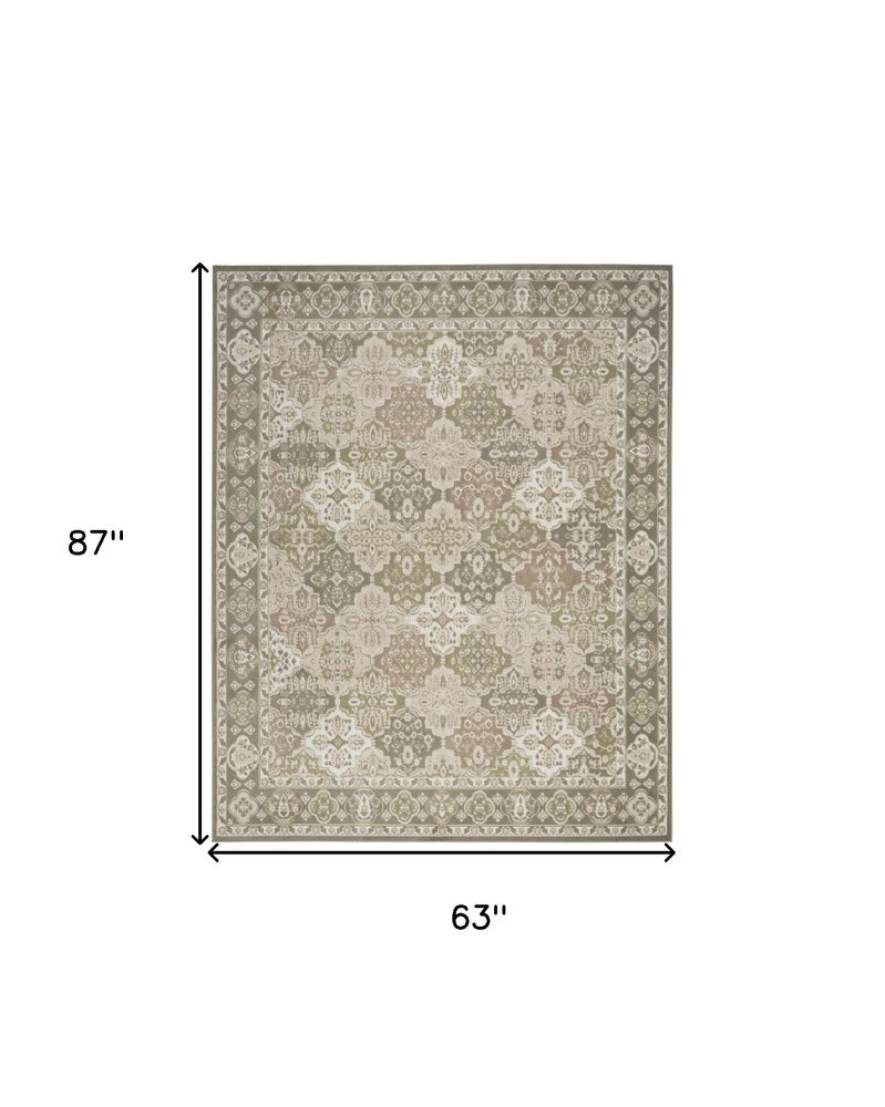 5' X 7' Green and Ivory Medallion Power Loom Distressed Area Rug