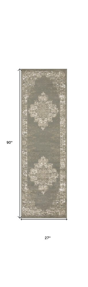 8' Green And Ivory Medallion Distressed Runner Rug