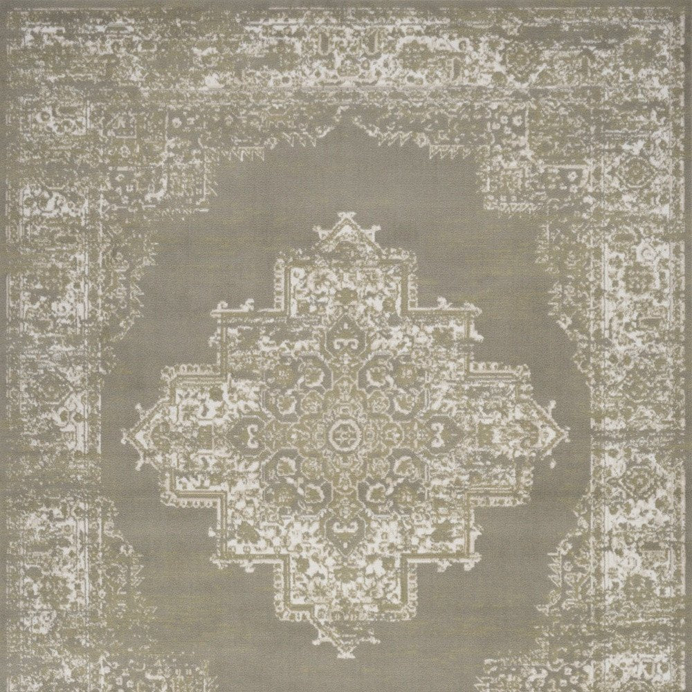 5' X 7' Green and Ivory Medallion Power Loom Distressed Area Rug