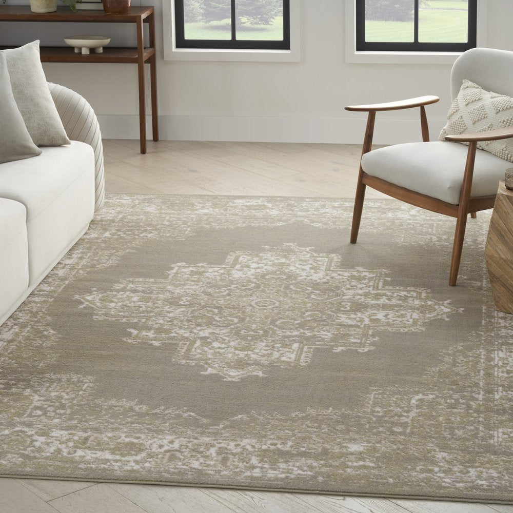 5' X 7' Green and Ivory Medallion Power Loom Distressed Area Rug