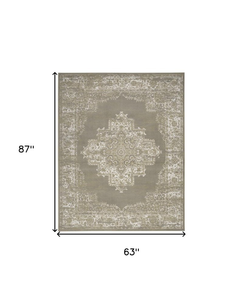 5' X 7' Green and Ivory Medallion Power Loom Distressed Area Rug
