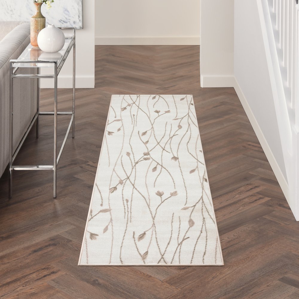8' Beige And Ivory Floral Runner Rug