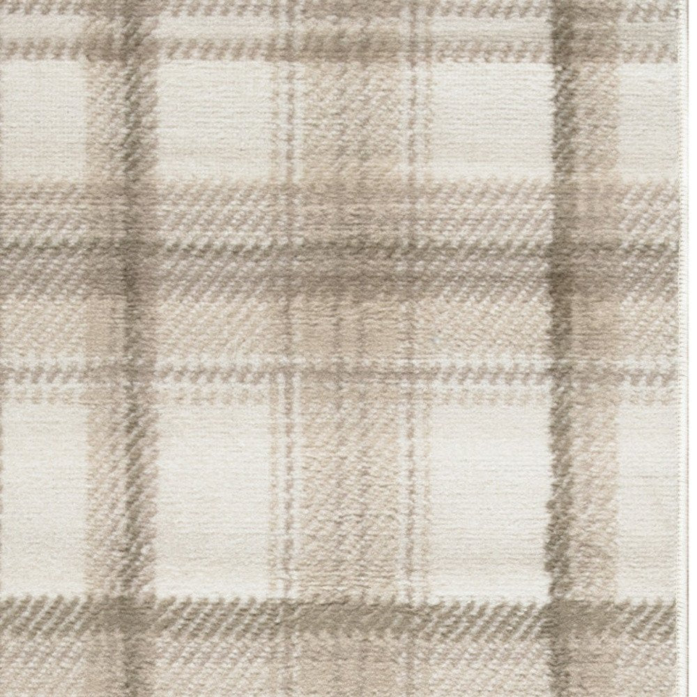 8' Beige And Ivory Plaid Runner Rug