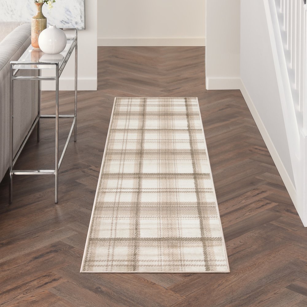 8' Beige And Ivory Plaid Runner Rug