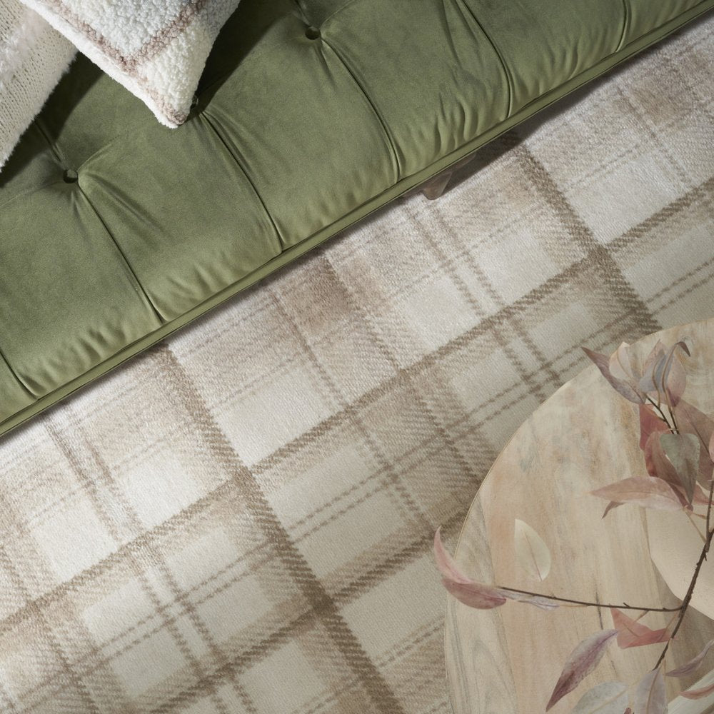 8' Beige And Ivory Plaid Runner Rug