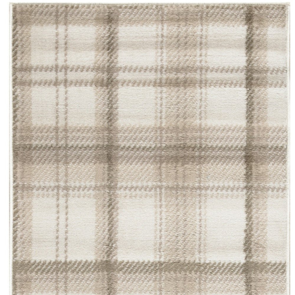 8' Beige And Ivory Plaid Runner Rug