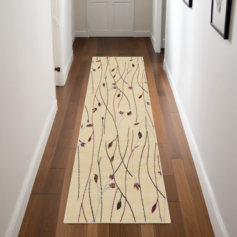 8' Beige And Black Floral Runner Rug