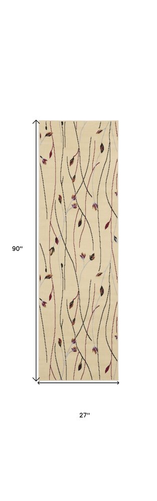 8' Beige And Black Floral Runner Rug