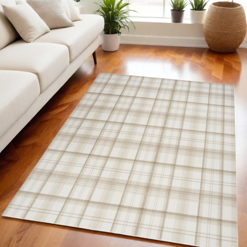 5' X 7' Beige and Ivory Plaid Power Loom Area Rug