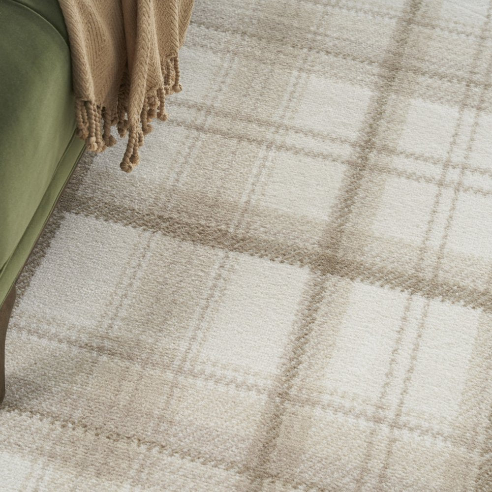 5' X 7' Beige and Ivory Plaid Power Loom Area Rug