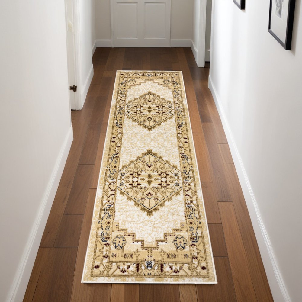 8' Beige And Ivory Medallion Distressed Runner Rug