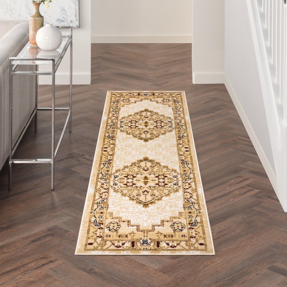 8' Beige And Ivory Medallion Distressed Runner Rug