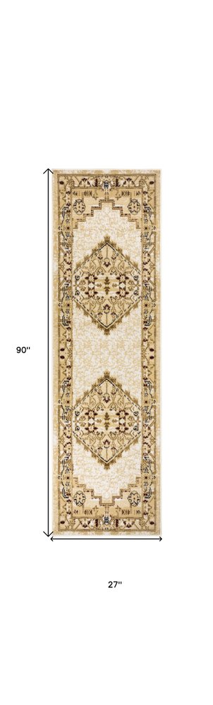 8' Beige And Ivory Medallion Distressed Runner Rug