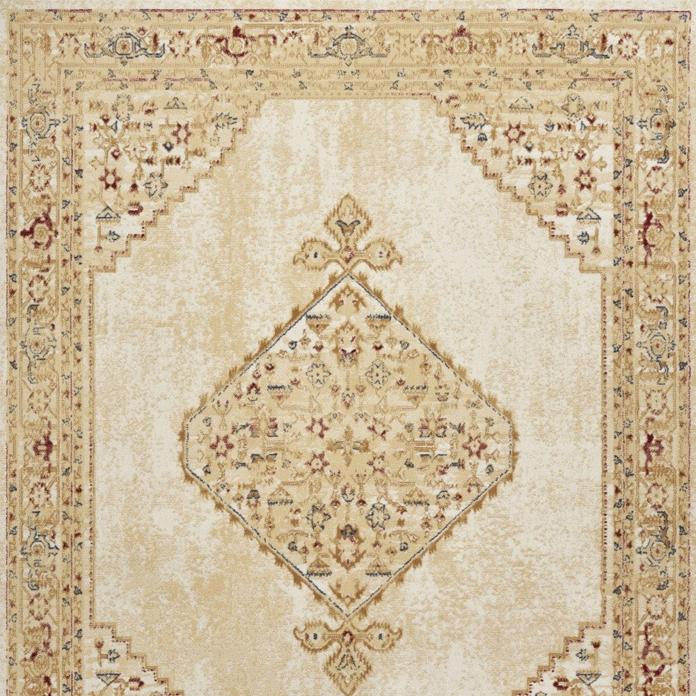 5' X 7' Beige and Ivory Medallion Power Loom Distressed Area Rug