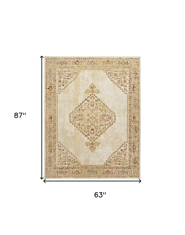 5' X 7' Beige and Ivory Medallion Power Loom Distressed Area Rug