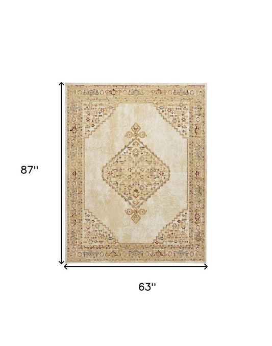 5' X 7' Beige and Ivory Medallion Power Loom Distressed Area Rug